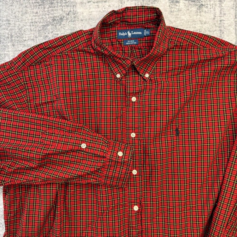 VTG Polo Ralph Lauren Shirt Mens XL Red Tartan Plaid Blake Relaxed Fit Poplin‎